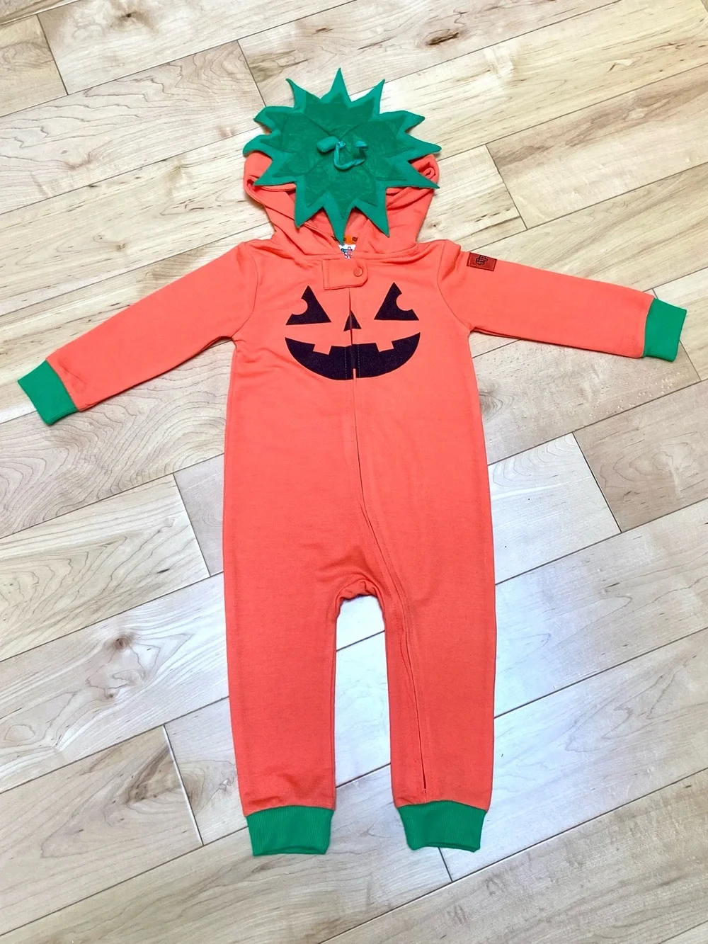 Orange Pumpkin Hooded Kids jumpsuit zipper onesie Halloween costume 12-18m